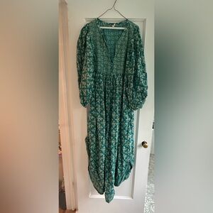 Free People Green Smocked Sundress with Bishop Sleeves XL